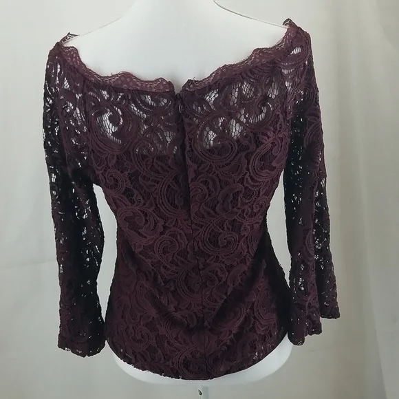 ADRIANNA PAPELL Brown Wide Neckline Off Shoulder Flare Sleeve Lace Shirt Top - Picture 5 of 14